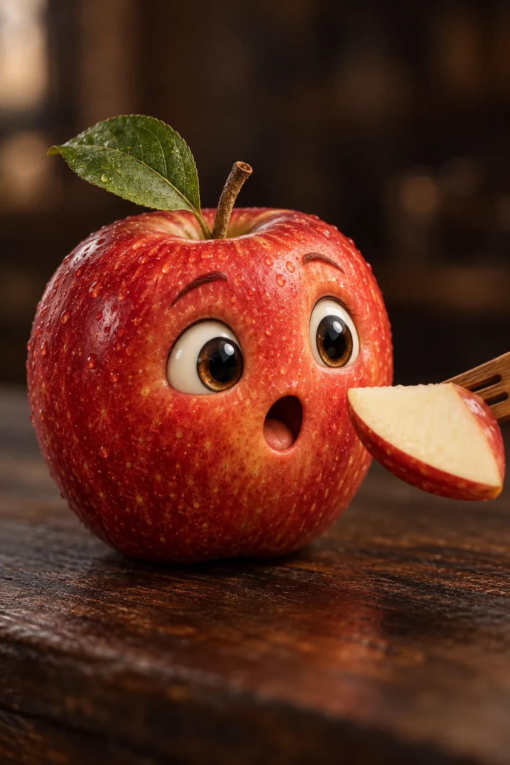 Uma maçã vermelha inteira com rosto surpreso, olhos grandes brilhantes e sobrancelhas erguidas observa um garfo de madeira com um pedaço claro separado de maçã com casca vermelha.