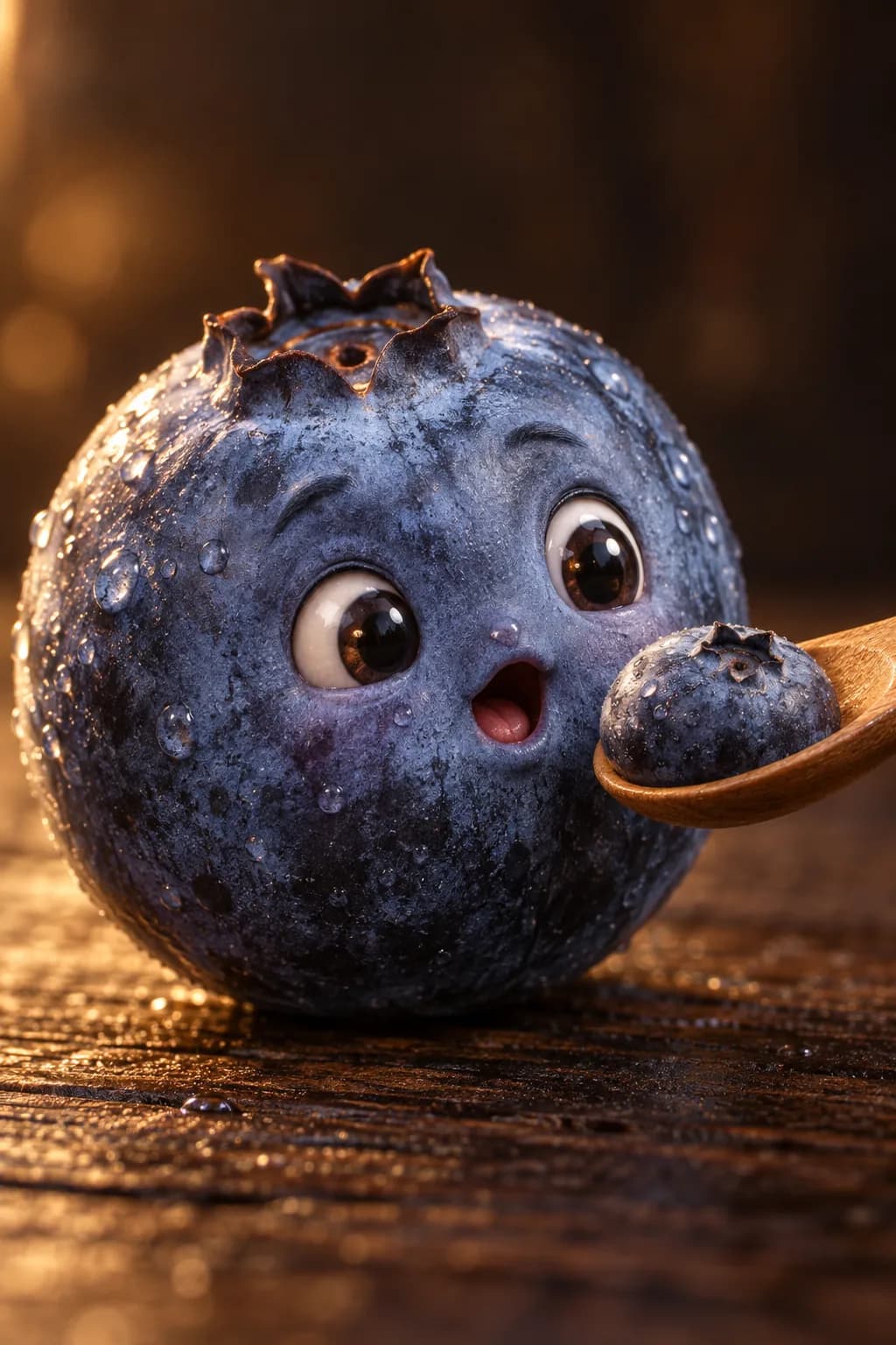 A curious blueberry with a face being offered a smaller blueberry on a wooden spoon
