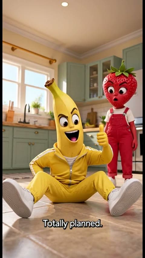 Grok's banana sits on the kitchen floor while the strawberry reacts behind it.
