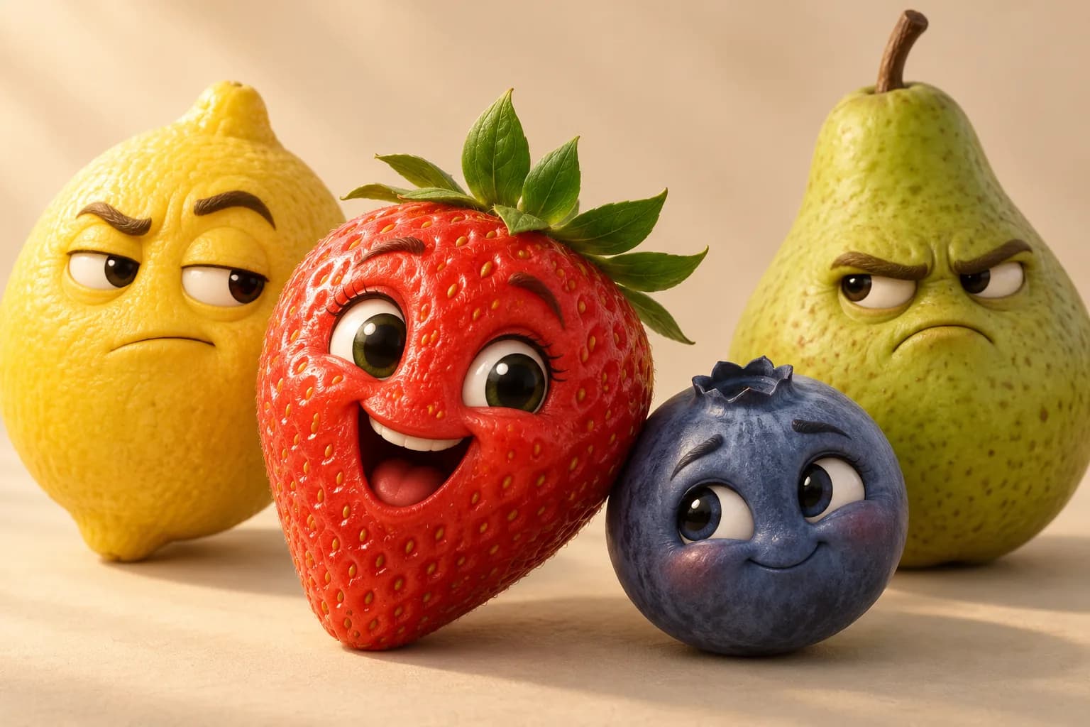 A joyful strawberry, skeptical lemon, shy blueberry and grumpy pear with expressive faces