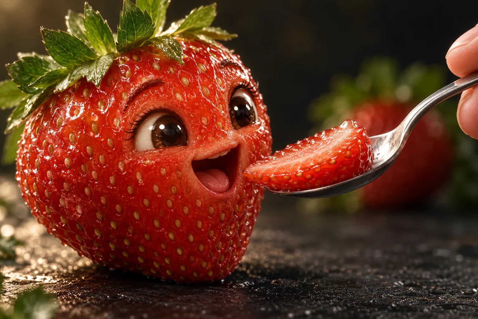 A strawberry with a delighted face about to eat a strawberry slice offered on a spoon