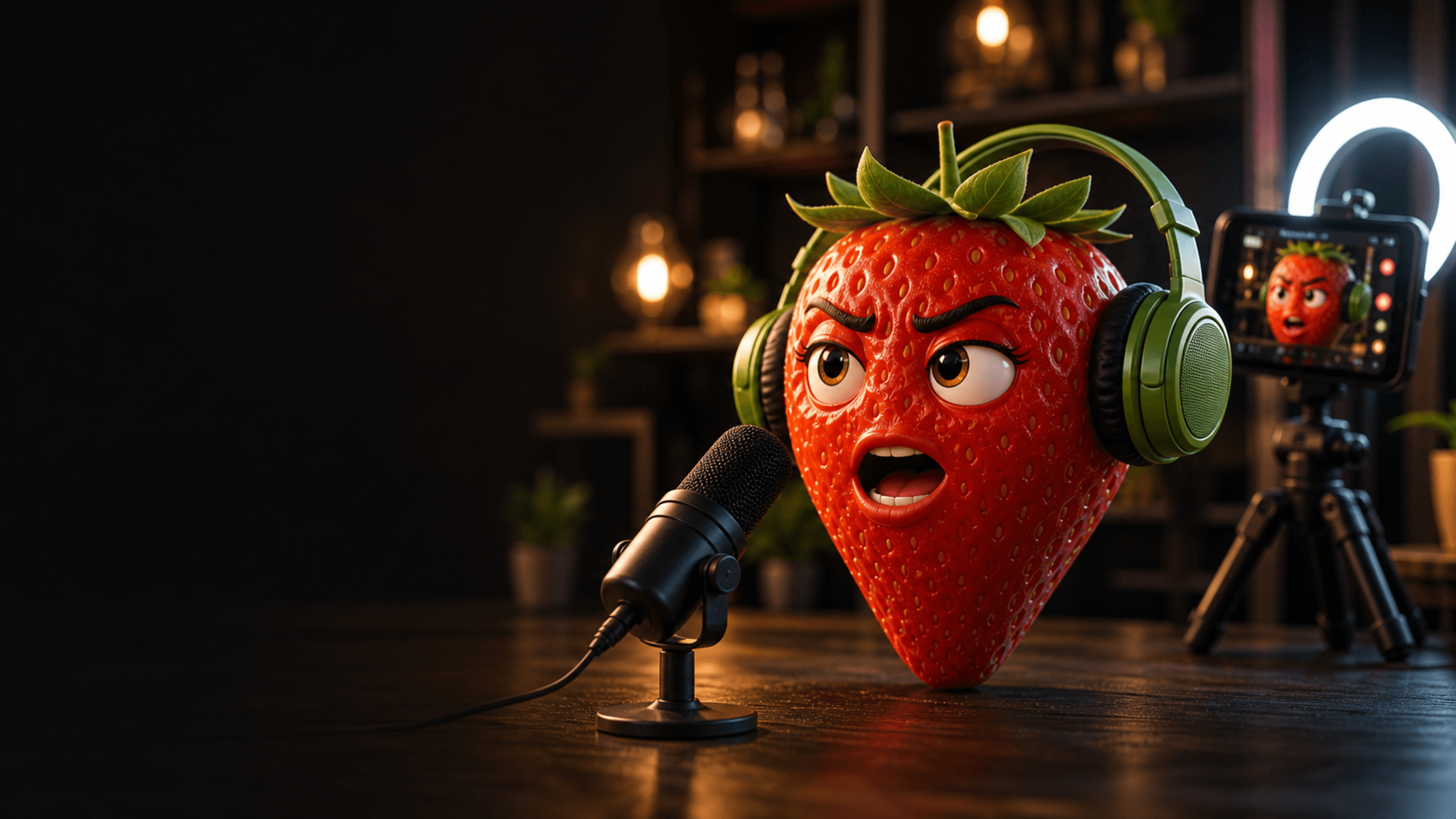 Talking strawberry character recording a vertical social video.