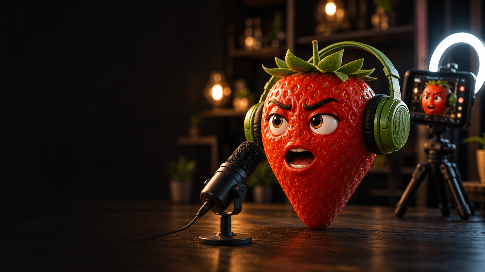 Talking strawberry in a generated AI fruit video