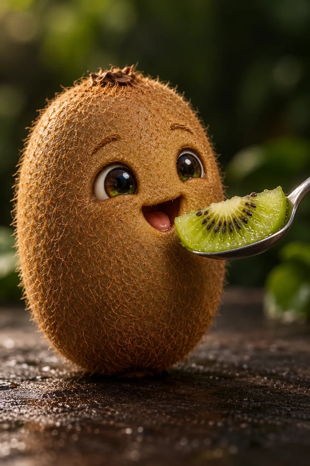 A whole fuzzy kiwi with a happy face looking at a green kiwi slice on a teaspoon