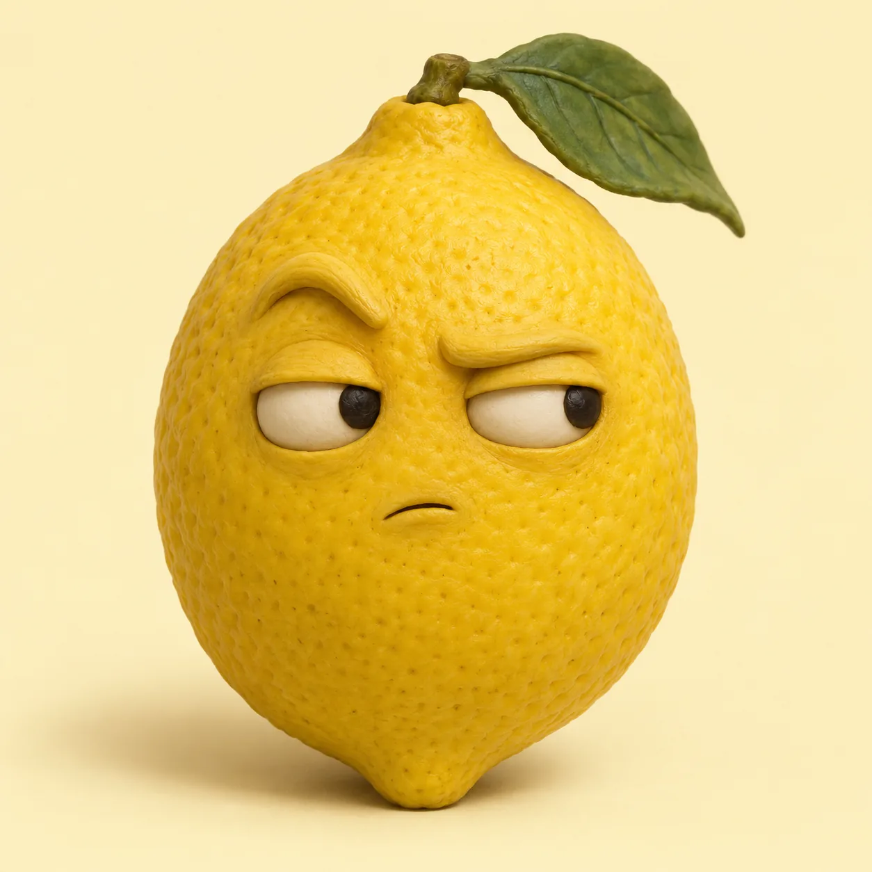 A yellow clay-style lemon with a raised eyebrow and skeptical sideways glance