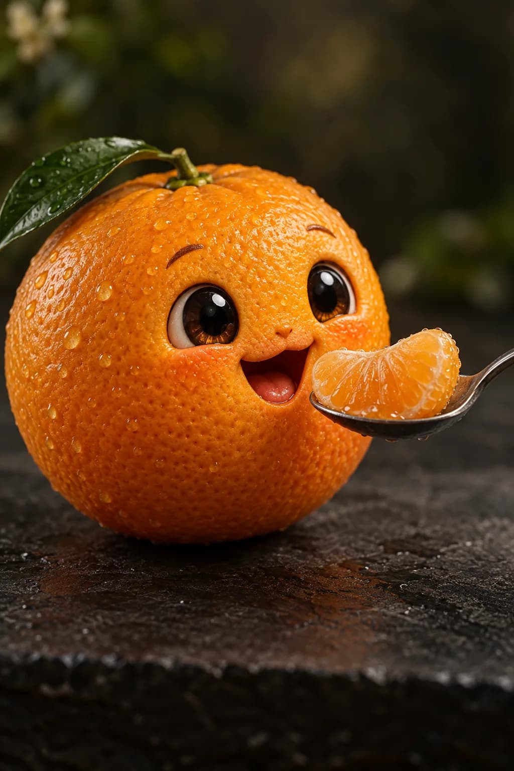Uma laranja inteira com rosto animado e olhos brilhantes observa uma colher de chá de prata com um gomo separado de laranja sem casca.