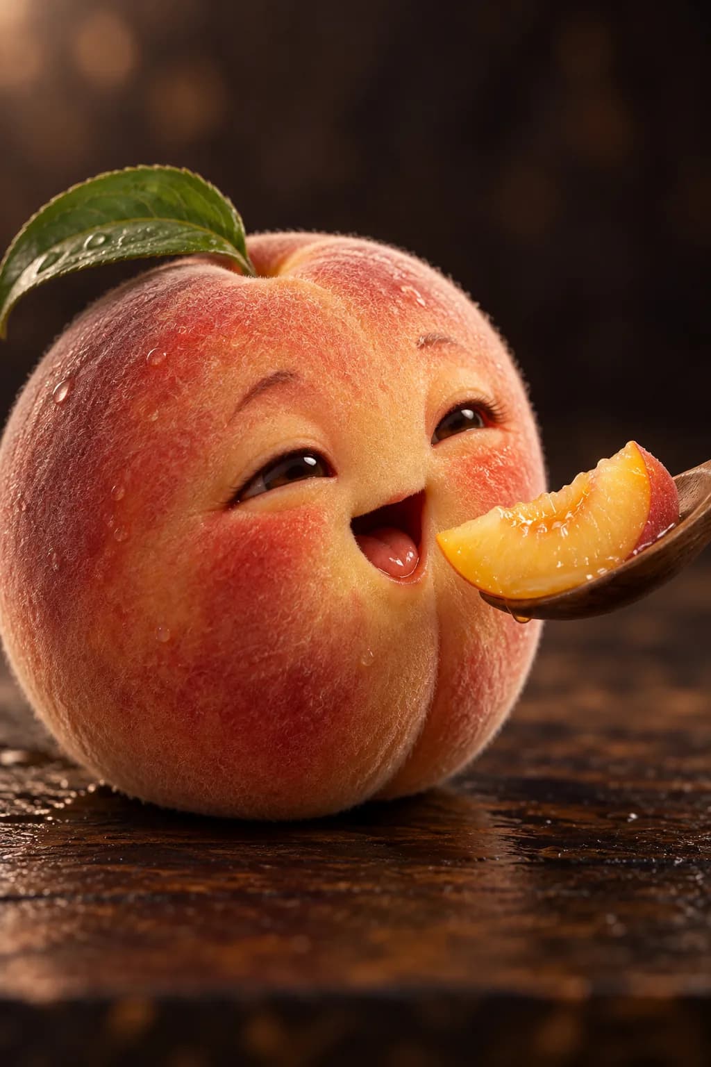 A contented fuzzy peach with a face waiting for a golden peach wedge on a wooden spoon