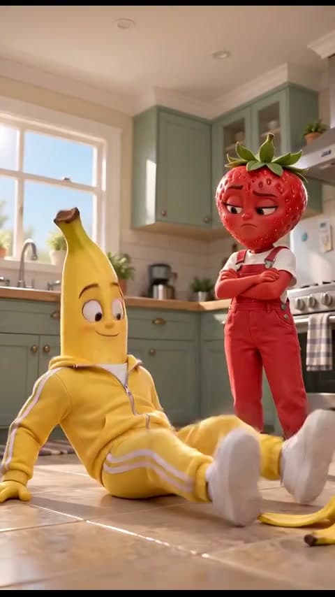 Seedance's banana sits after the fall while the strawberry watches with folded arms.