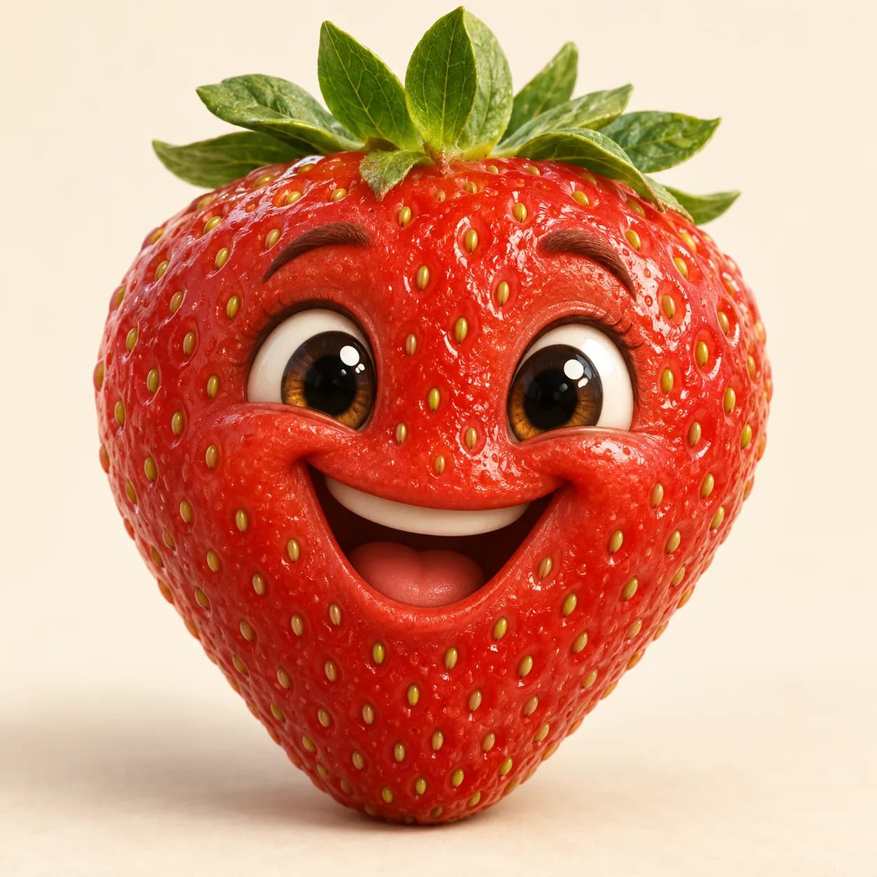 A joyful strawberry with wide eyes and a broad smile in a tactile 3D style