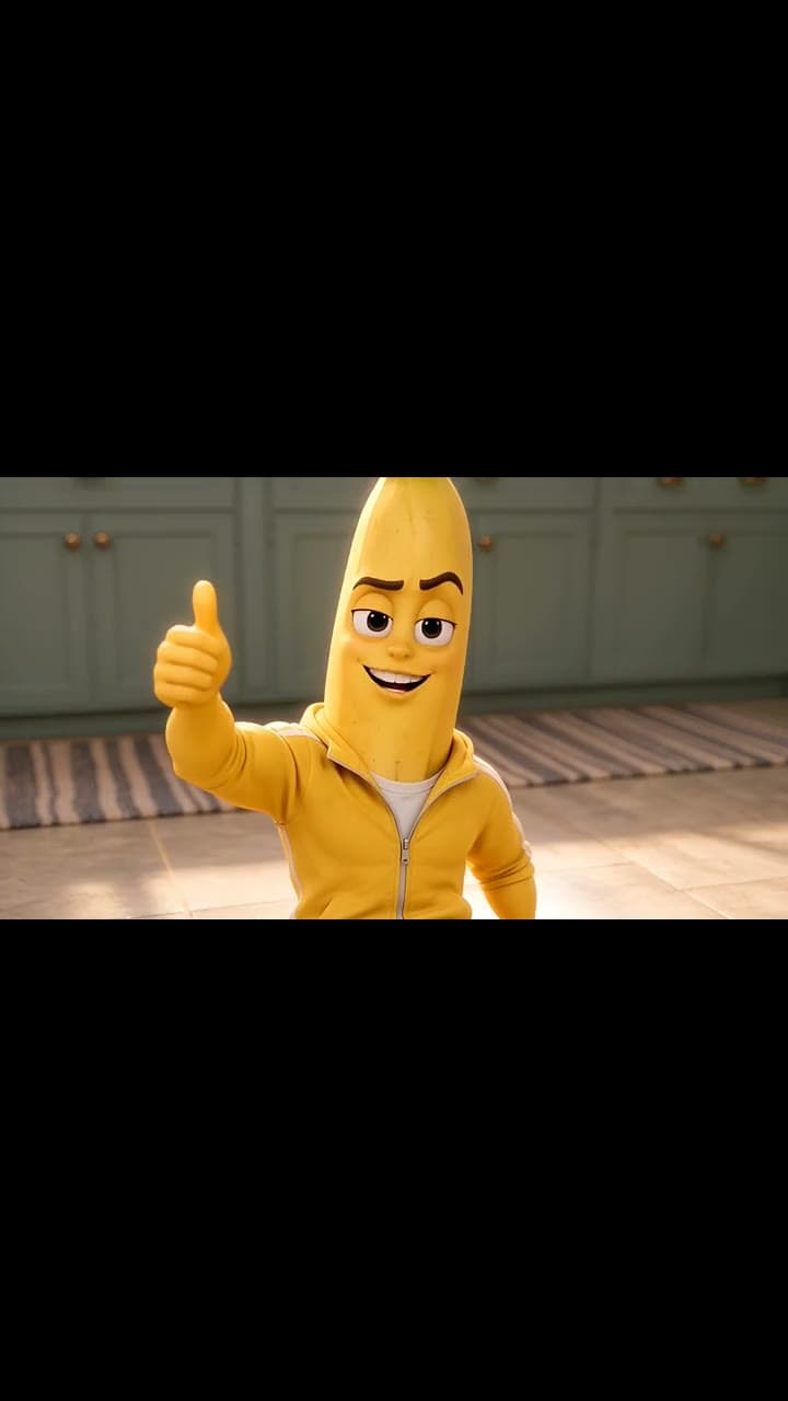 Wan's banana gives a thumbs-up in a wide scene with black bands above and below.