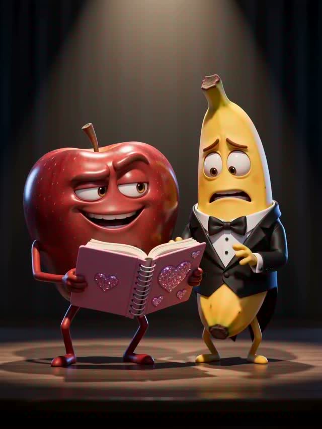 An apple and banana performing a comedy scene in a fruit video