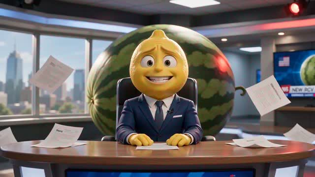 A lemon news anchor at a studio desk in a fruit video example