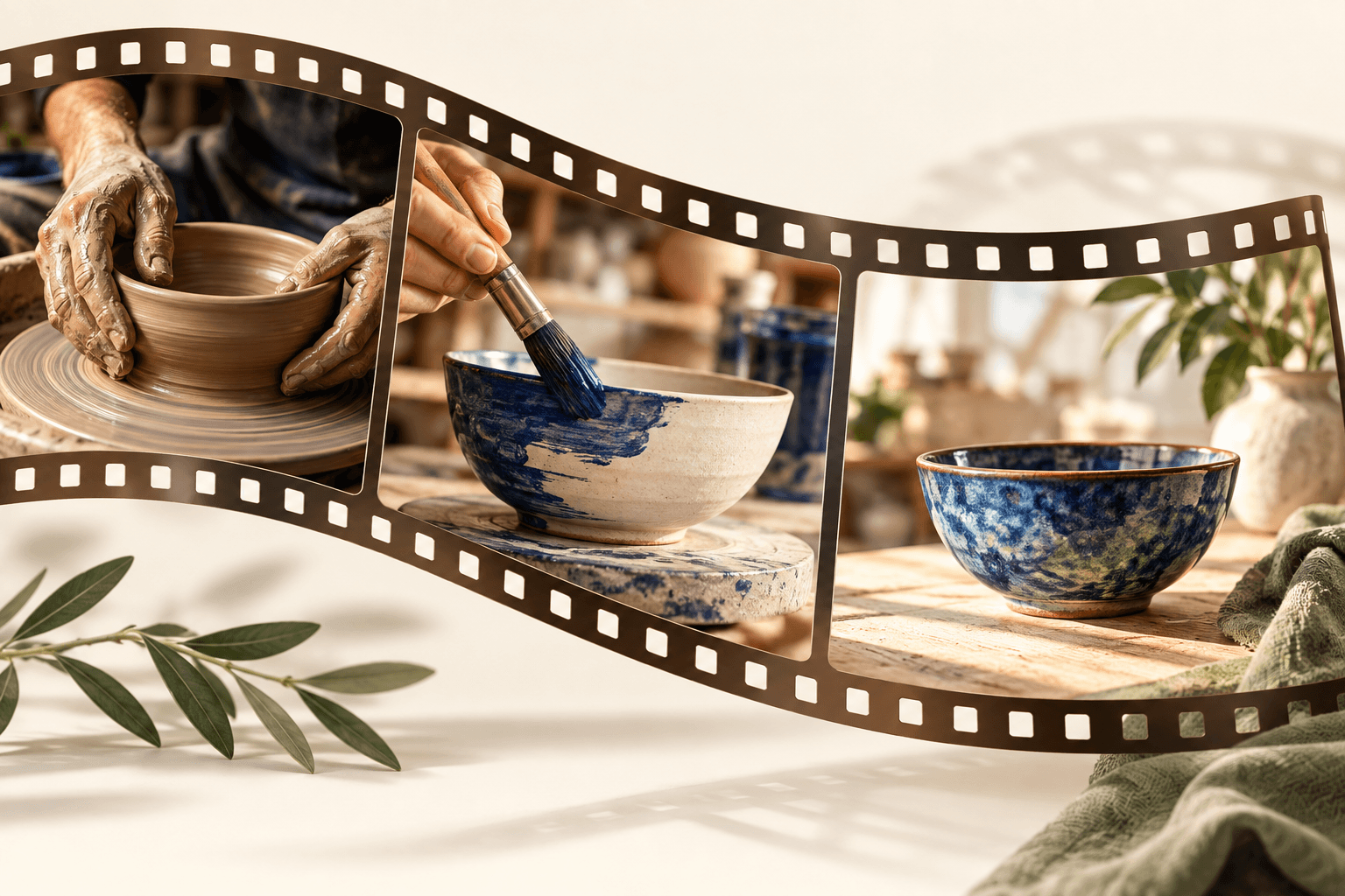 Pottery process illustration showing shaping, glazing, and a finished bowl as connected film scenes