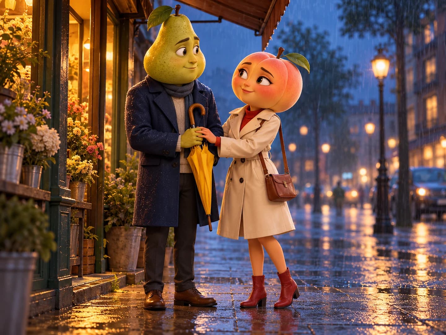A pear-headed man and a peach-headed woman share a yellow umbrella beneath a shop awning on a rainy street