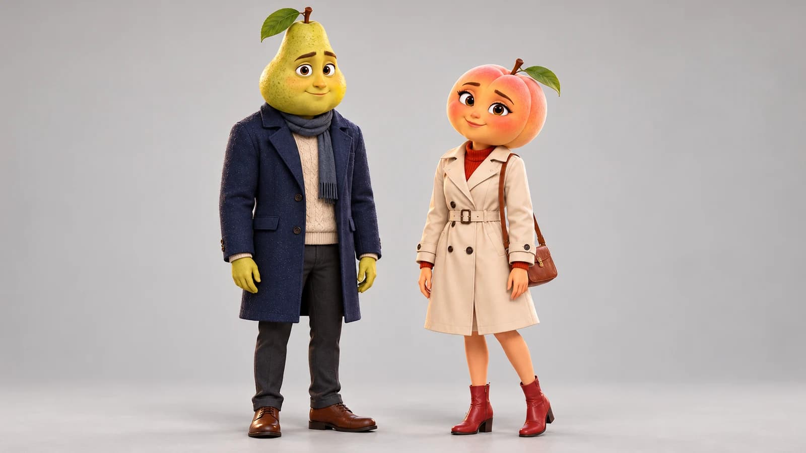 Full-body character reference: a pear-headed man in a navy coat and a peach-headed woman in a cream raincoat and red boots