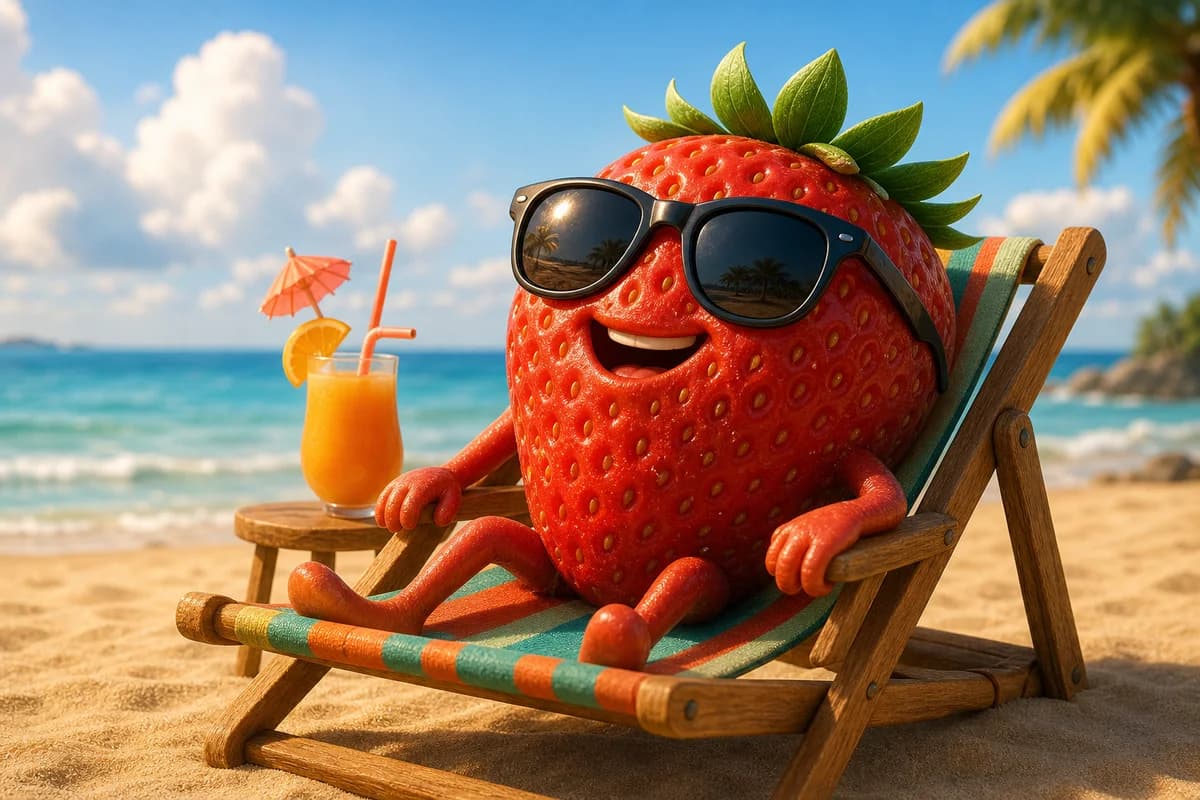 A strawberry in sunglasses relaxing on a sunny beach chair