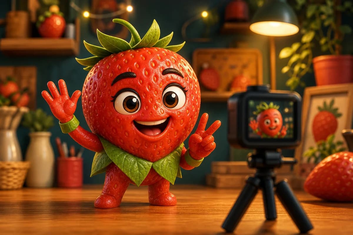 A cheerful strawberry filming a playful social video in a cozy creator studio