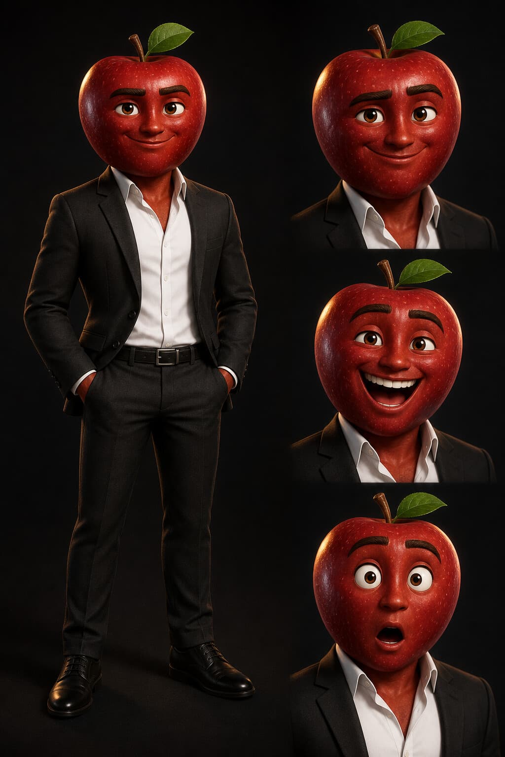 Apple entrepreneur character identity sheet with multiple expressions
