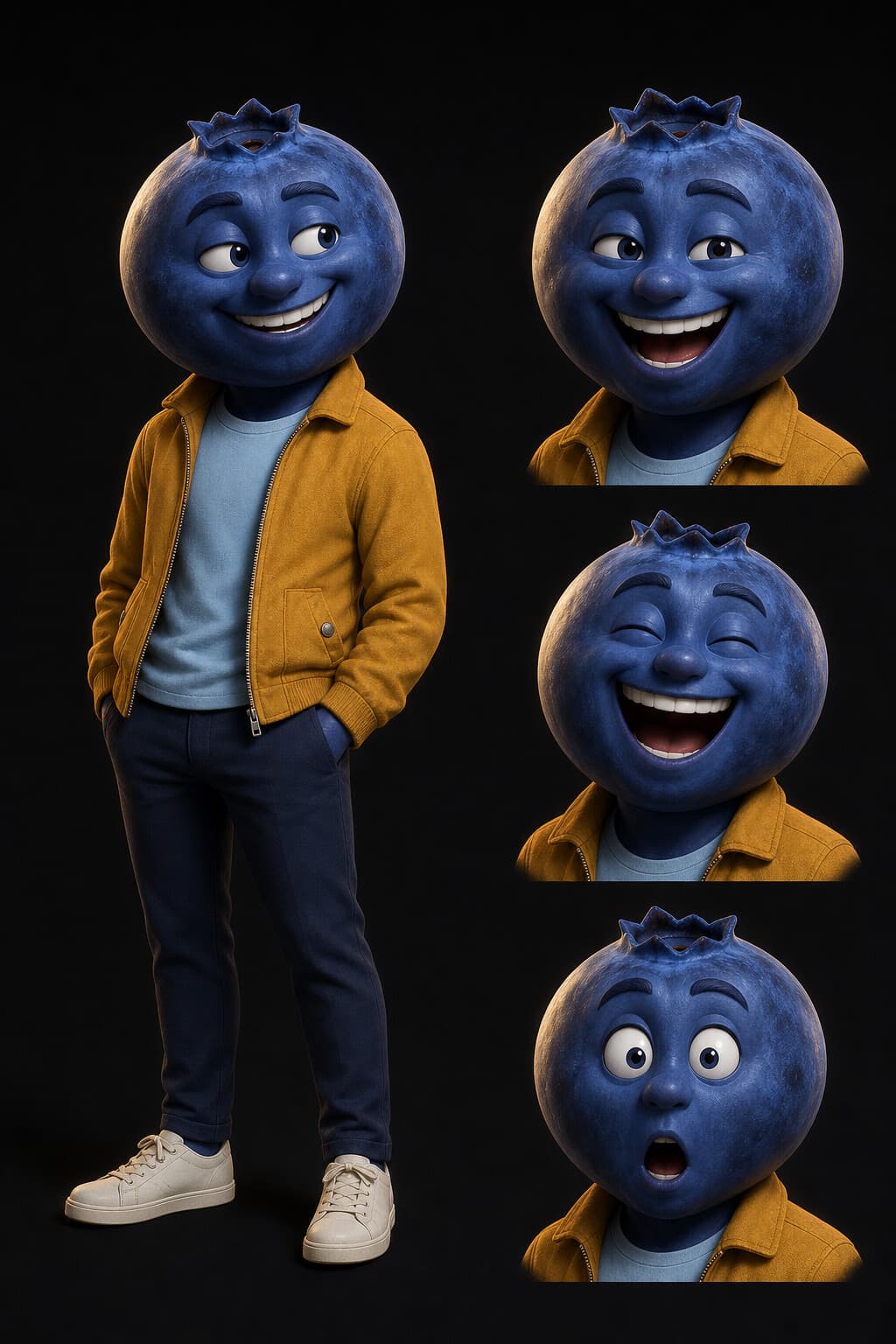 Blueberry man character identity sheet with multiple expressions