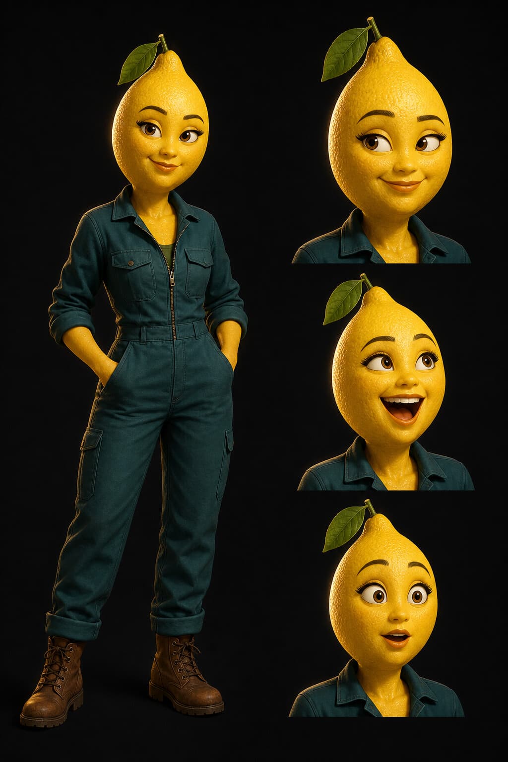 Lemon woman character identity sheet with multiple expressions