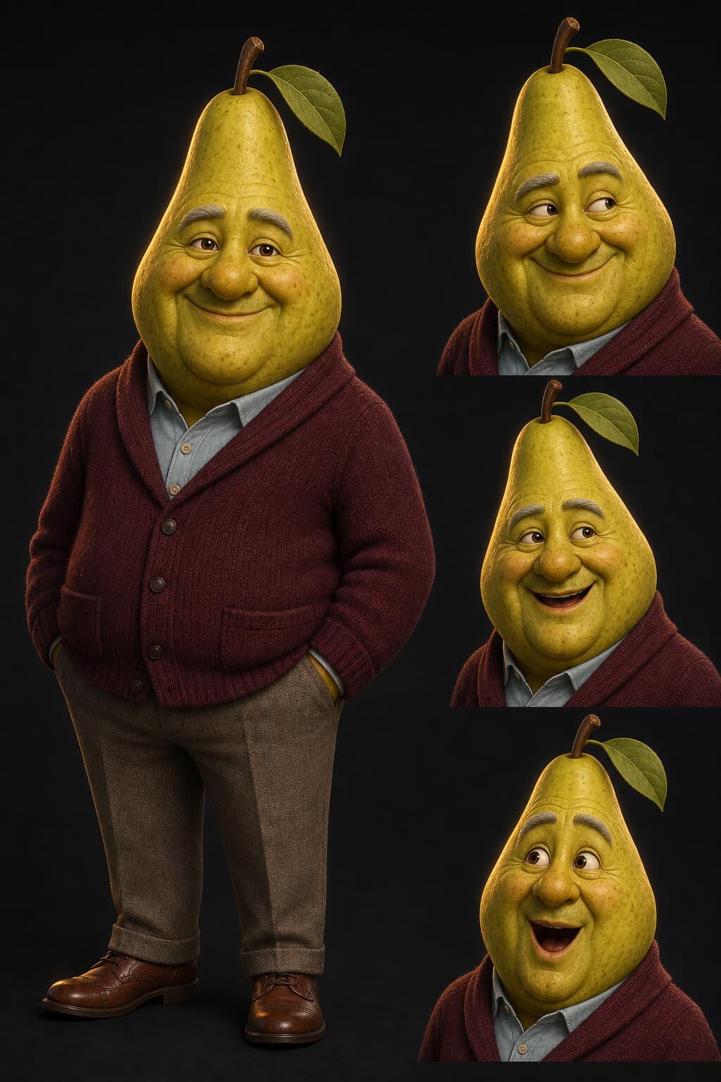 Pear character in a cardigan used as a site reference preset