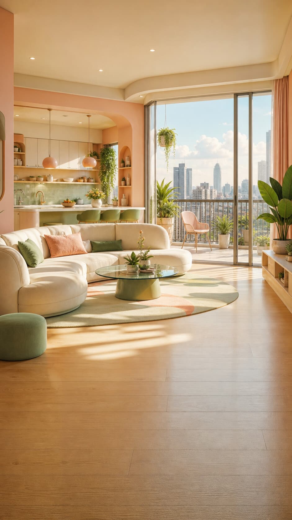 Bright peach and sage apartment prepared for a vertical fruit scene