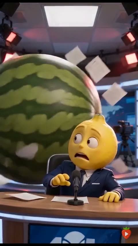 A lemon news presenter at his desk in a generated fruit newsroom scene