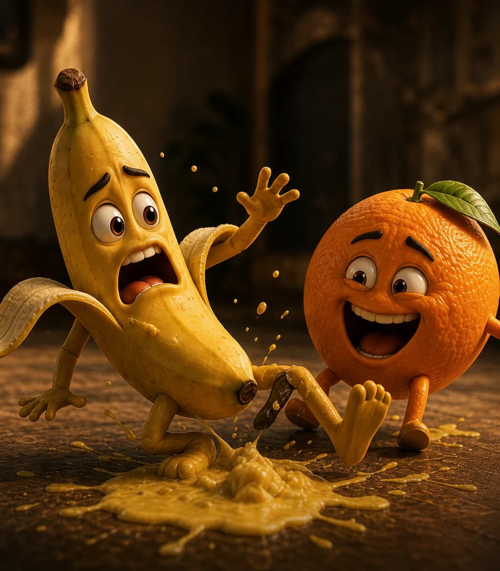 A banana loses his balance while an orange laughs beside him