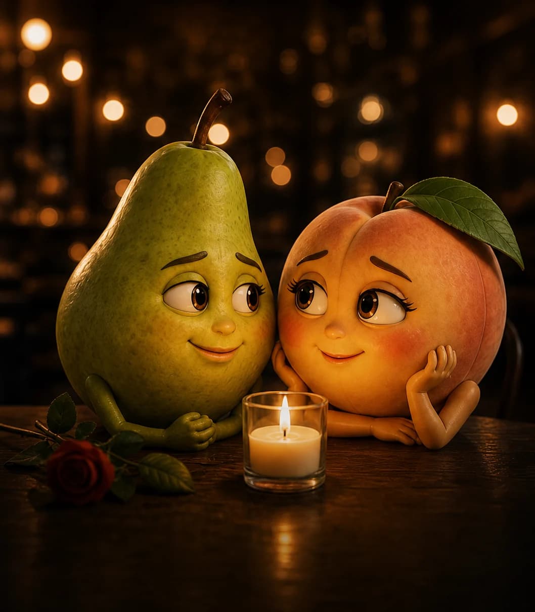 A pear and a peach share a shy smile at a candlelit table
