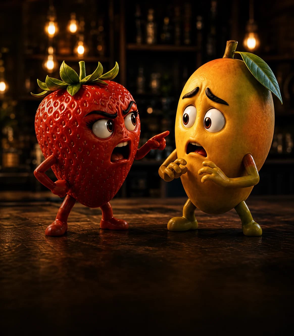 A strawberry confronts a nervous mango over a secret in a dimly lit bar