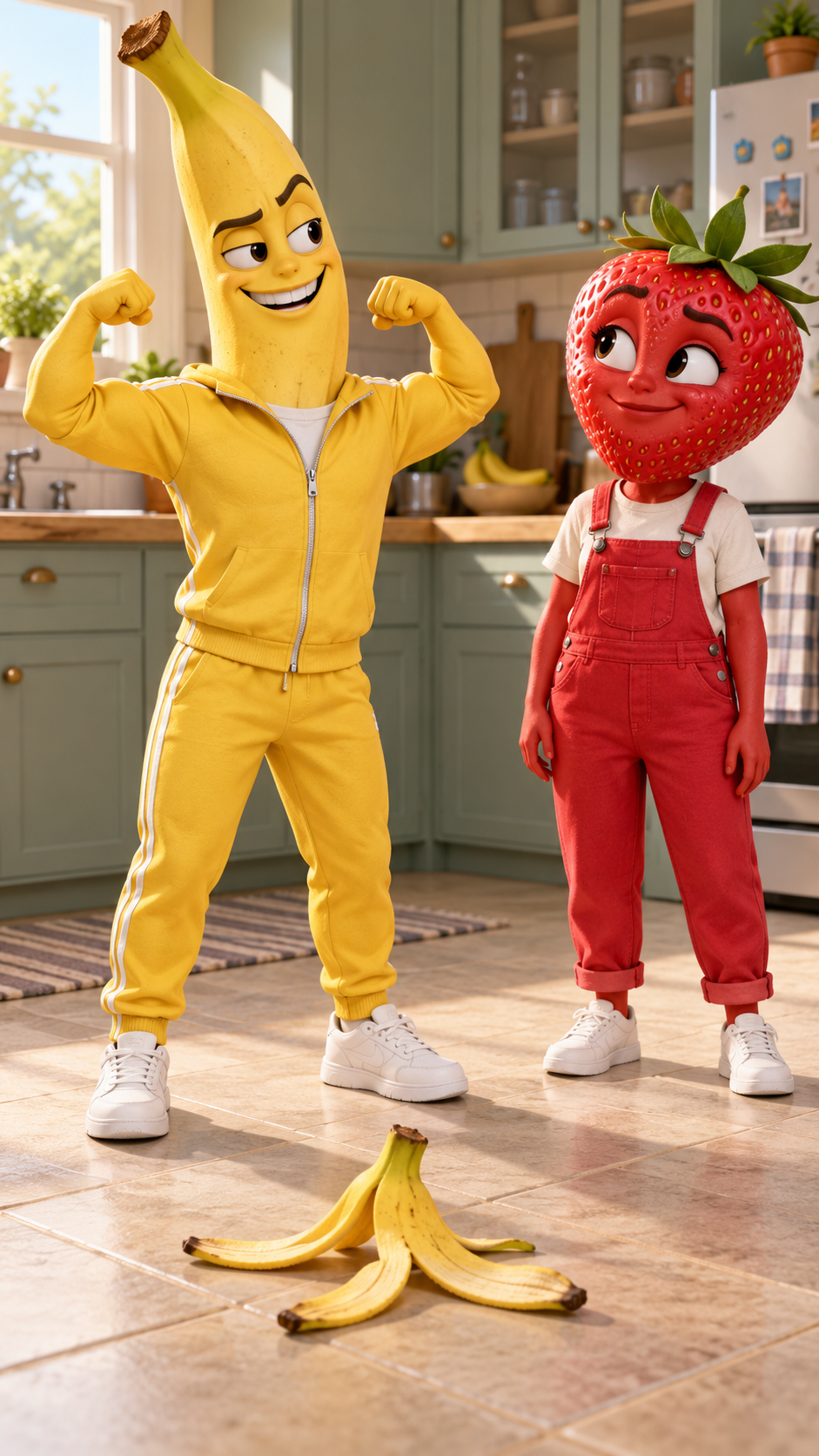 Shared reference: a banana in a yellow tracksuit flexes beside a strawberry in red overalls, with a banana peel on the kitchen floor.